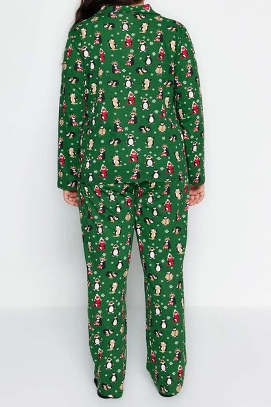 Tarz Rahat Büyük Beden Uzun Kollu Boru Paça Yılbaşı Temalı Örme Pijama Takımı - 4