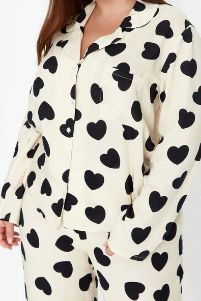 Tarz Rahat Büyük Beden Uzun Kollu Boru Paça Kalpli Dokuma Pijama Takımı - 3