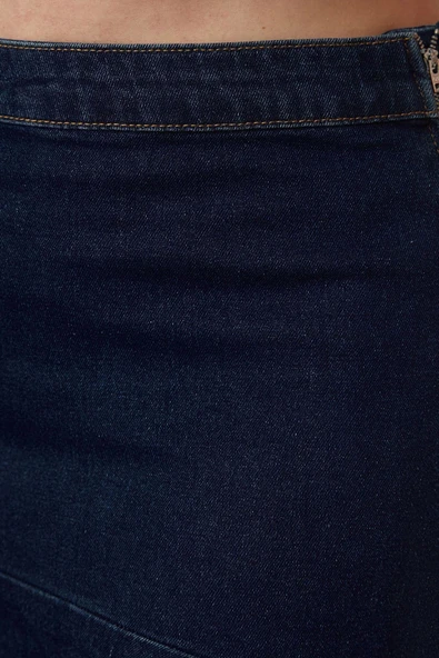Modern Tarz Büyük Beden Astarsız Denim Mini Boy Eteği Fırfırlı Denim Etek - 4