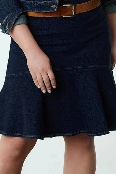 Modern Tarz Büyük Beden Astarsız Denim Mini Boy Eteği Fırfırlı Denim Etek - 2