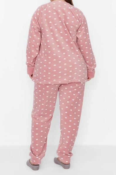 Tarz Rahat Büyük Beden Uzun Kollu Dar Paça Kalpli Polar Örme Pijama Takımı - 5