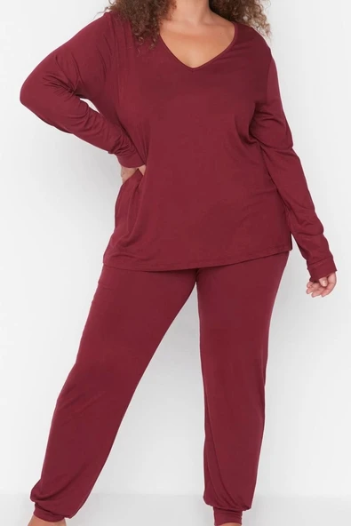 Tarz Rahat Büyük Beden Uzun Kollu Geniş Paça Süprem Örme Pijama Takımı - 5