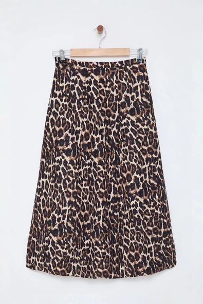 Modern Tarz Astarsız Dokuma Regular Boy Leopar Balon Detaylı Animal Desenli Maxi Boy Dokuma Etek