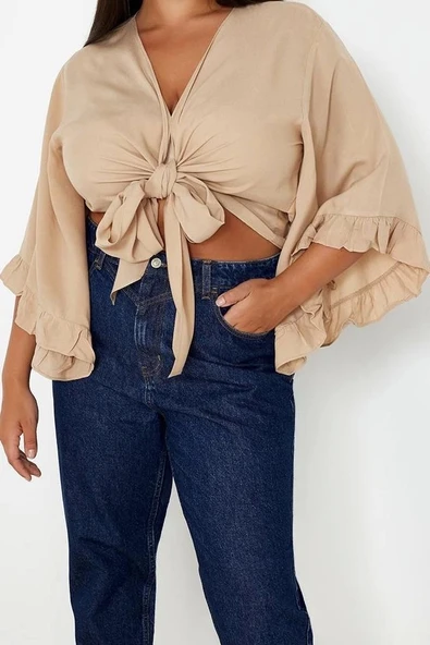 Moda Büyük Beden V Yaka Dokuma Fit Düz Desen Plaj Crop Truvakar Kol Kol Bluz