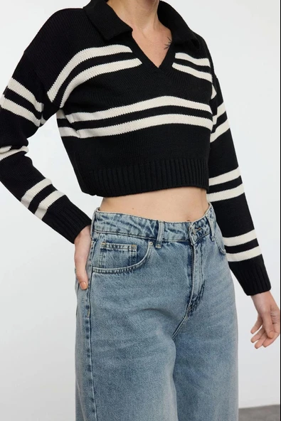 Stil Modern Kadın Crop Düşük Kol Polo Yaka Çizgili Basic Triko Kazak