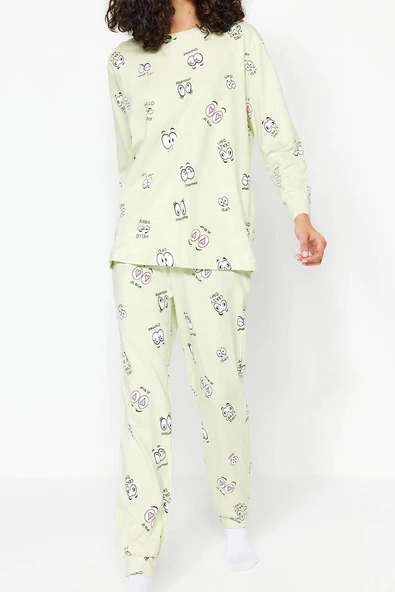 Tarz Rahat Uzun Kollu Boru Paça %100 Pamuklu Göz Desenli T-shirt-Jogger Örme Pijama Takımı - 5