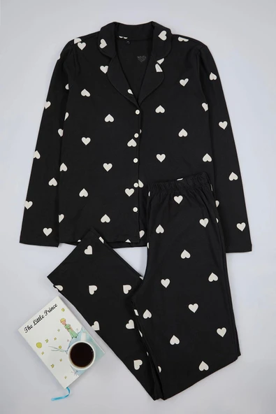 Tarz Rahat Uzun Kollu Boru Paça %100 Pamuklu Kalp Desenli Örme Pijama Takımı