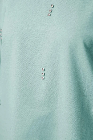 Tesettür Tarz Relaxed Bisiklet Yaka Düşük Kol Regular Basic Taş Detaylı Sweatshirt - 3