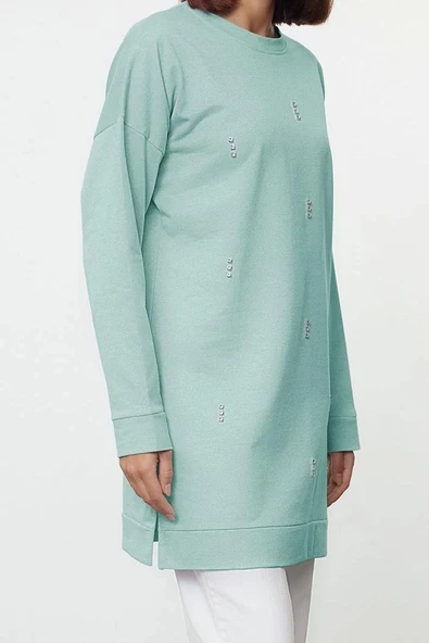 Tesettür Tarz Relaxed Bisiklet Yaka Düşük Kol Regular Basic Taş Detaylı Sweatshirt - 2