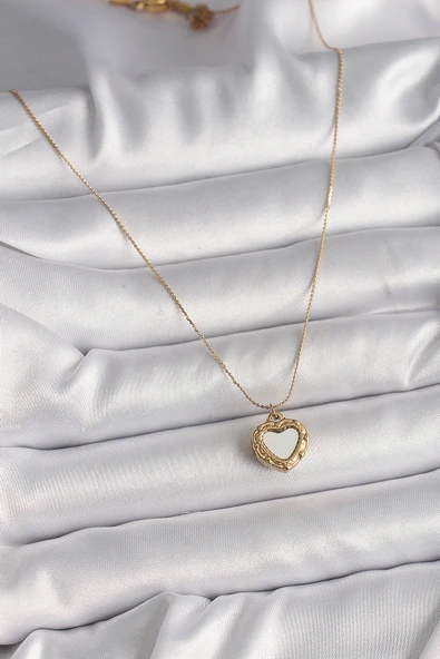 316L Çelik Gold Renk Zincir Aynalı Kalp Model Kadın Kolye - TJ-BKO9784 - 2
