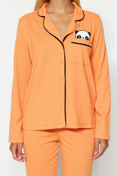 Tarz Rahat Uzun Kollu Boru Paça Pamuklu Panda Baskılı Gömlek-Pantolon Örme Pijama Takımı - 4