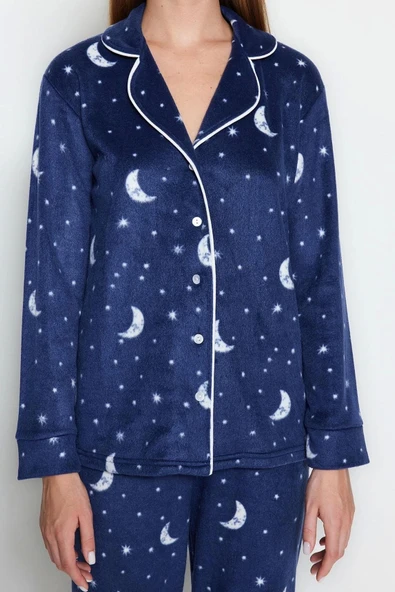 Tarz Rahat Uzun Kollu Boru Paça Ay Desenli Polar Kışlık Örme Pijama Takımı - 4