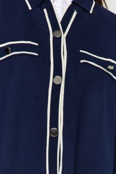 Stil Modern Kadın Regular Standart Kol Polo Yaka Tesettür Renkli Biyeli Triko Hırka - 5