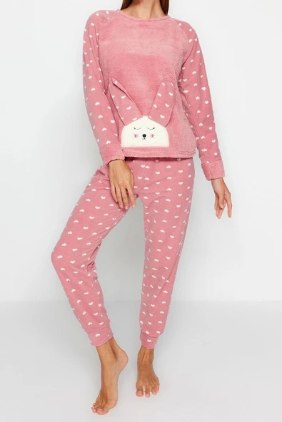 Tarz Rahat Uzun Kollu Boru Paça 3lü Kalpli Uyku Bantlı Polar Kışlık Örme Pijama Takımı