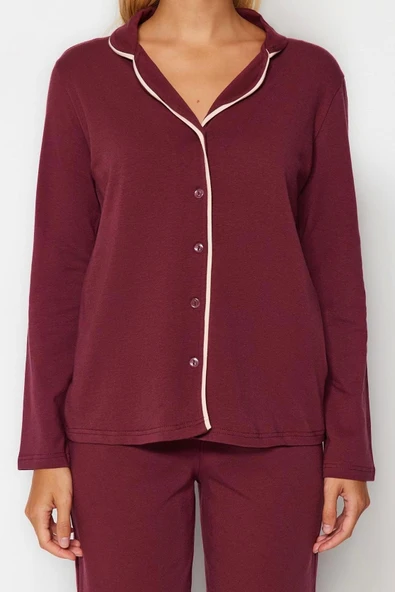 Tarz Rahat Uzun Kollu Boru Paça Bordo Pamuklu Biyeli Gömlek-Pantolon Örme Pijama Takımı - 4