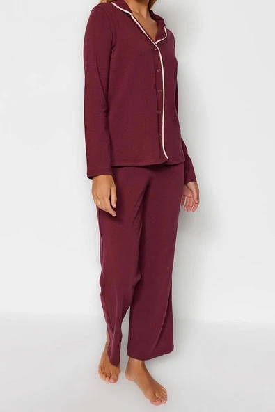 Tarz Rahat Uzun Kollu Boru Paça Bordo Pamuklu Biyeli Gömlek-Pantolon Örme Pijama Takımı - 3