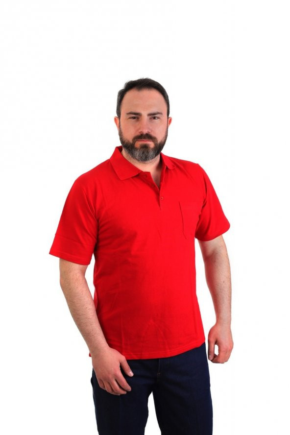 ESER - Polo Yaka Kısa Kol Penye İş Tişörtü - Cepli - Kırmızı