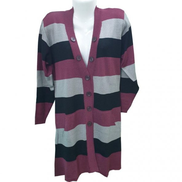 Bordo Renk Çizgili V Yaka Triko Hırka - 2