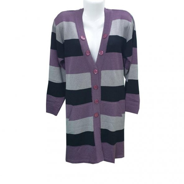 Gül Kurusu Renk Çizgili V Yaka Triko Hırka - 2