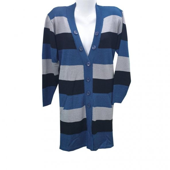 İndigo Renk Çizgili V Yaka Triko Hırka - 2