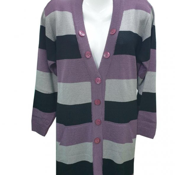 Gül Kurusu Renk Çizgili V Yaka Triko Hırka - 7