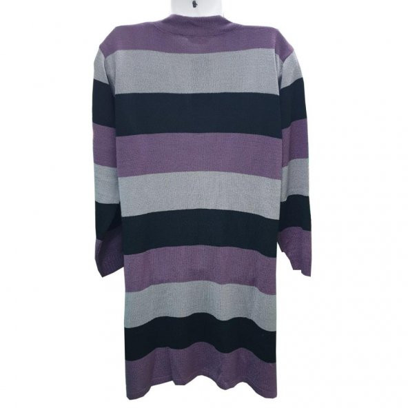 Gül Kurusu Renk Çizgili V Yaka Triko Hırka - 8