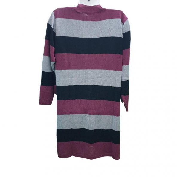 Bordo Renk Çizgili V Yaka Triko Hırka - 4