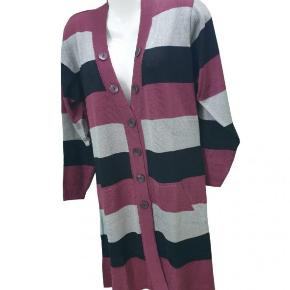 Bordo Renk Çizgili V Yaka Triko Hırka - 6