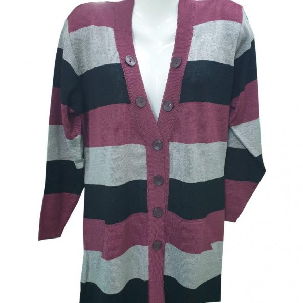 Bordo Renk Çizgili V Yaka Triko Hırka - 7