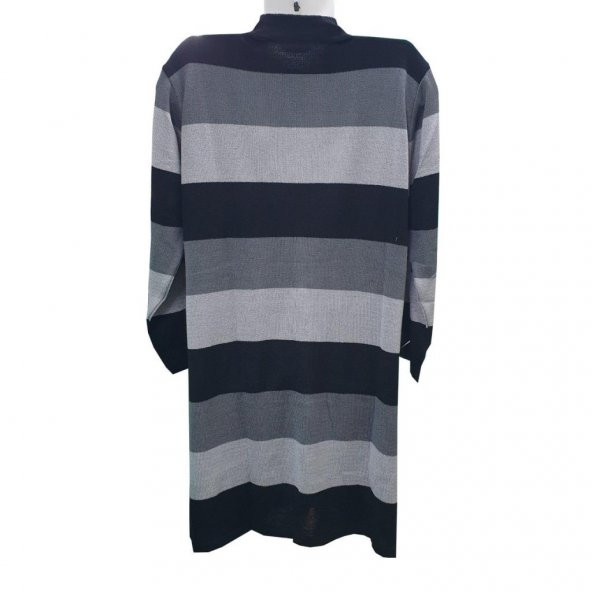 Siyah Renk Çizgili V Yaka Triko Hırka - 4