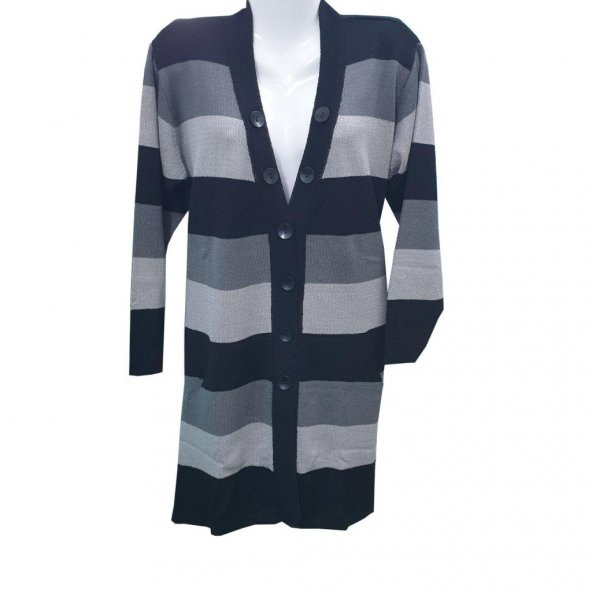 Siyah Renk Çizgili V Yaka Triko Hırka - 5