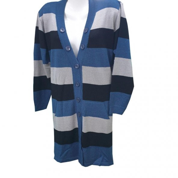 İndigo Renk Çizgili V Yaka Triko Hırka - 10