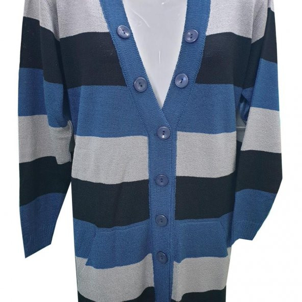 İndigo Renk Çizgili V Yaka Triko Hırka - 11