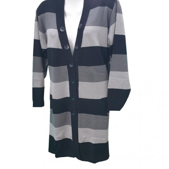 Siyah Renk Çizgili V Yaka Triko Hırka - 10