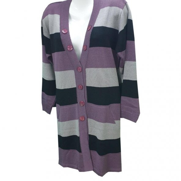 Gül Kurusu Renk Çizgili V Yaka Triko Hırka - 11