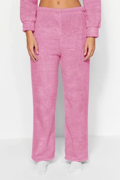 Tarz Rahat Uzun Kollu Boru Paça Pembe Yaka Wellsoft Kışlık Örme Pijama Takımı - 5