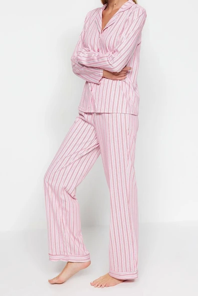 Tarz Rahat Uzun Kollu Boru Paça Pembe %100 Pamuklu Çizgili Gömlek-Pantolon Örme Pijama Takımı - 3