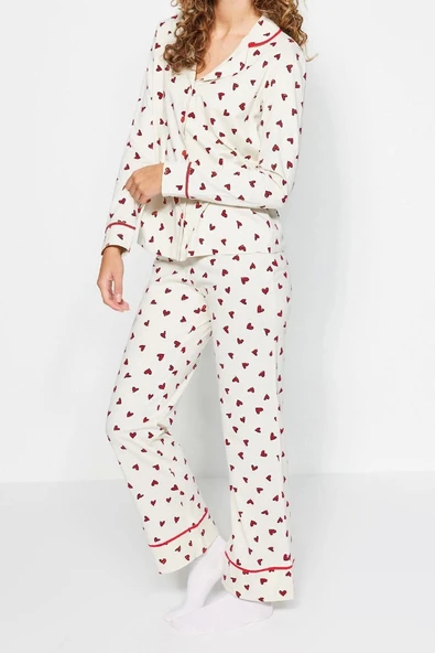Tarz Rahat Uzun Kollu Boru Paça %100 Pamuk Kalp Desenli Gömlek-Pantolon Örme Pijama Takımı - 2
