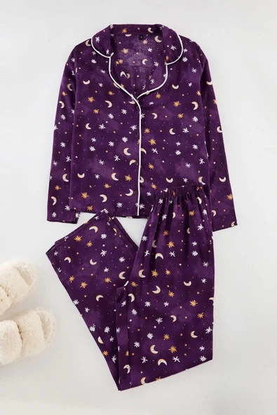 Tarz Rahat Uzun Kollu Boru Paça Galaksi Desenli Viskon Dokuma Pijama Takımı