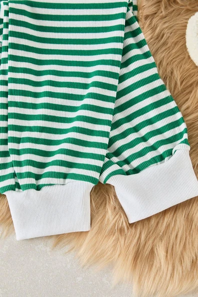 Tarz Rahat Uzun Kollu Lastikli Paça Çizgili Manşet ve Biyeli Tshirt-Jogger Örme Pijama Takımı - 2
