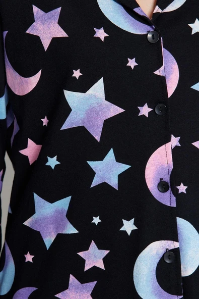 Tarz Rahat Uzun Kollu Boru Paça %100 Pamuk Galaksi Desenli Gömlek-Pantolon Pijama Takımı - 5
