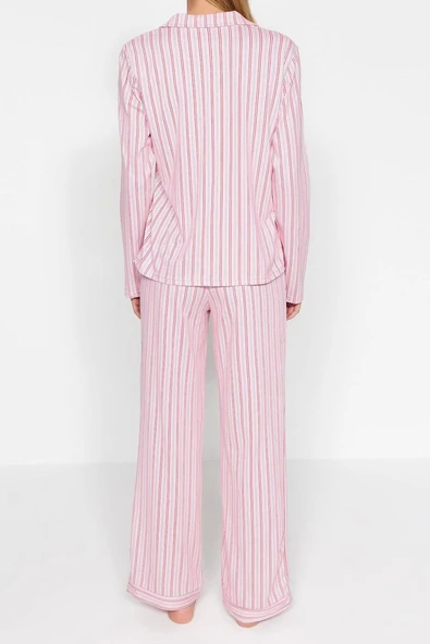 Tarz Rahat Uzun Kollu Boru Paça Pembe %100 Pamuklu Çizgili Gömlek-Pantolon Örme Pijama Takımı - 6