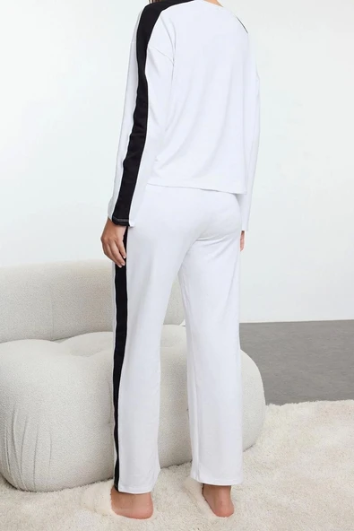 Tarz Rahat Uzun Kollu Geniş Paça Pamuklu Şeritli Örme Pijama Takımı - 4
