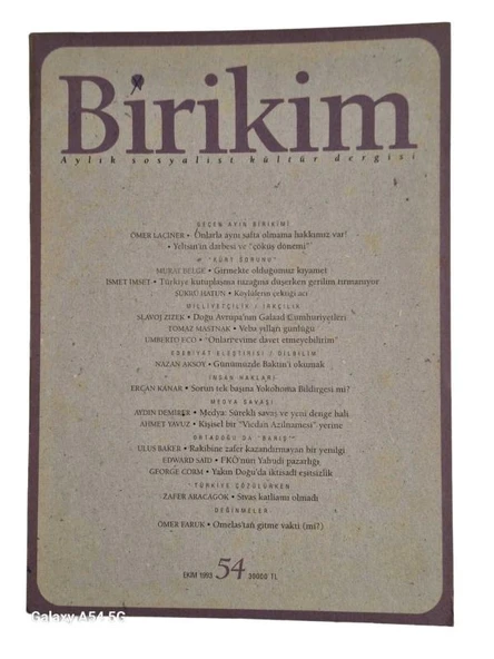 BİRİKİM - AYLIK SOSYALİST KÜLTÜR DERGİSİ -- EKİM 1993 SAYI NO: 54 (İKİNCİ EL KİTAP)