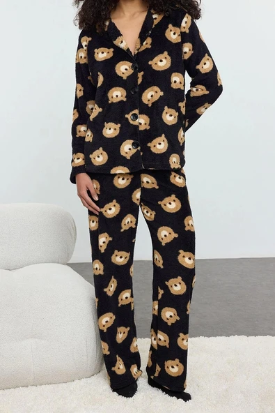Tarz Rahat Uzun Kollu Geniş Paça Animal Wellsoft Örme Pijama Takımı