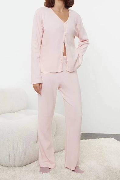 Tarz Rahat Uzun Kollu Boru Paça Fırçalı Soft Fitilli Hırka Örme Pijama Takımı