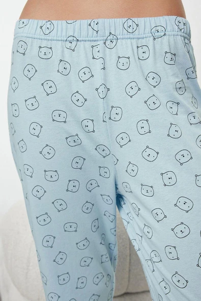 Tarz Rahat Uzun Kollu Geniş Paça %100 Pamuklu Ayıcık Desenli Örme Pijama Takımı - 3