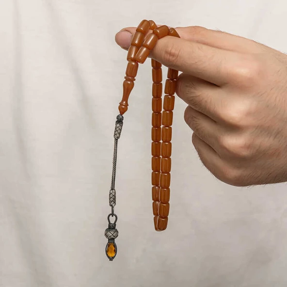 Gümüş 1000 Ayar Kazaz Püsküllü Sıkma Kehribar Tesbih - 3