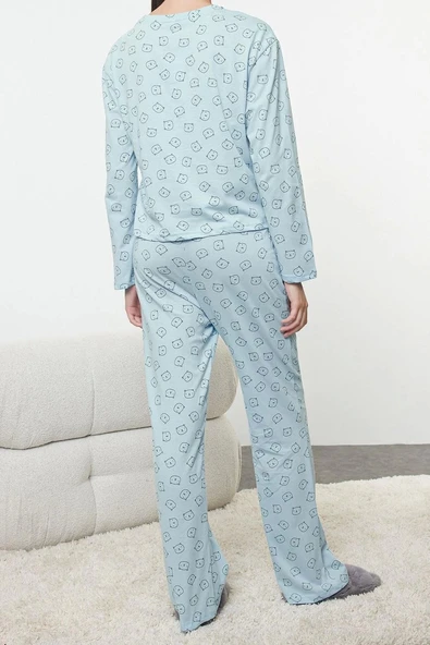 Tarz Rahat Uzun Kollu Geniş Paça %100 Pamuklu Ayıcık Desenli Örme Pijama Takımı - 4