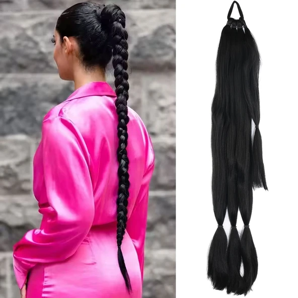 Üçlü Örgü Tokalı At Kuyruğu - Siyah ürün görseli